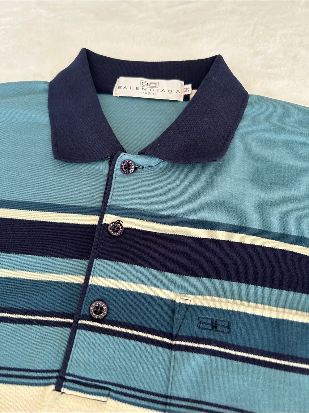 Balenciaga Men’s Striped Polo in Teal, Navy and Cream. Size Medium